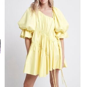 Aje Hushed Asymmetric Mini Puff Sleeve Dress Yellow  US 6/ AU 10